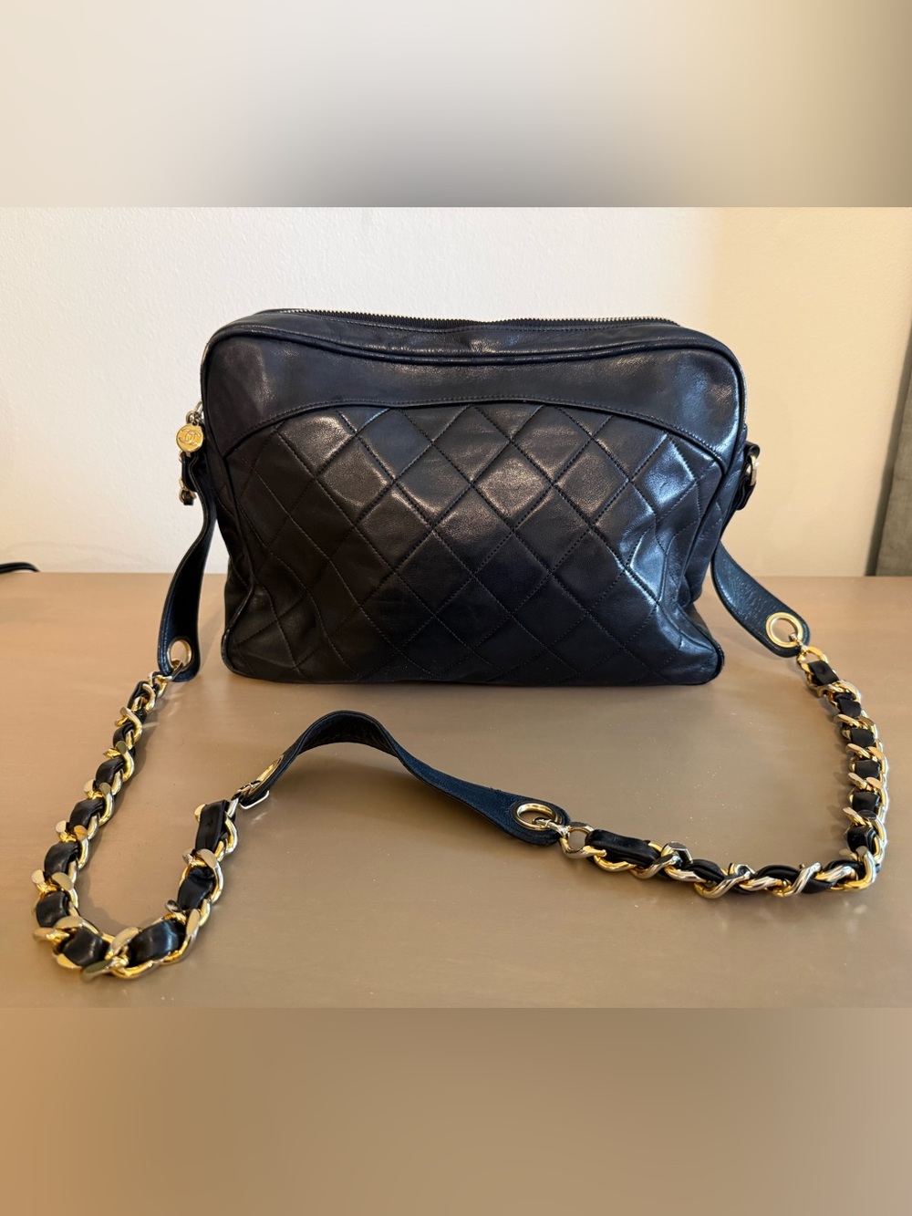 Vintage CHANEL black quilted lambskin camera bag with gold-tone chain strap